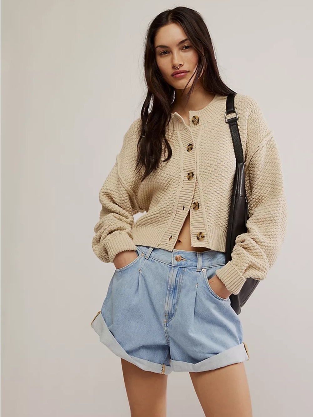 Free People Lila Cropped Chunky Knit Cardigan in Birch